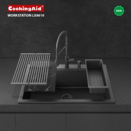 Chiuveta bucatarie granit CookingAid Kinga Workstation LX8610 Neagra Black Metal quartz + accesorii montaj