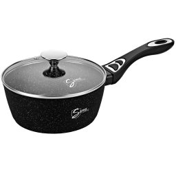 Cratita antiaderenta cu maner si capac Samus VER200LSPB, 20 cm, Invelis marmura antiaderenta, Capac din sticla termorezistenta, Negru
