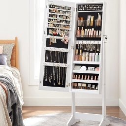Oglinda de podea cu suport si dulap pentru bijuterii, 152 cm, alba