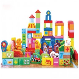 Set de constructie 100 Cuburi din lemn - Ferma Animalelor