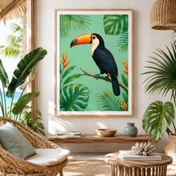 Tablou cu Ramă Tucan Print cu Flori Tropicale ANLS58 (Dimensiune Poster: 40x50cm)