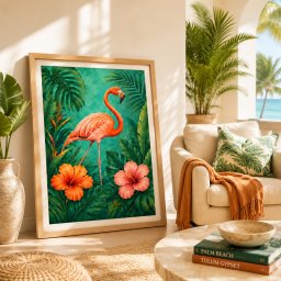 Tablou cu Ramă Flamingo în junglă tropicală vibrantă ANLS57 (Dimensiune Poster: 60x90cm)