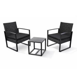 Set 12 x set mobilier Kiwari Terrace, masa 40x40x41 cm + 2 scaune 59x63x73 cm, metal/plastic/ratan, perne incluse, gradina/terasa/balcon, negru