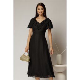 Rochie midi neagra cu sidef cu decolteu V si volanase la bust