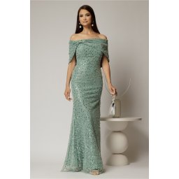 Rochie lunga verde menta de seara din dantela cu perle si paiete