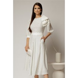 Rochie DY Fashion midi alba cu buline si funda ampla pe umar