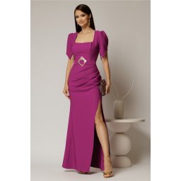 Rochie lunga magenta de seara cu decolteu patrat si maneci scurte