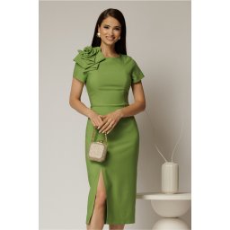 Rochie DY Fashion verde lime midi conica cu crepeu si trandafir maxi la decolteu
