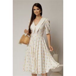 Rochie DY Fashion midi din triplu voal cu buline si guler ascutit si nasturi la maneci