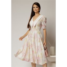 Rochie DY Fashion midi din triplu voal cu print roz galben si guler ascutit si nasturi la maneci