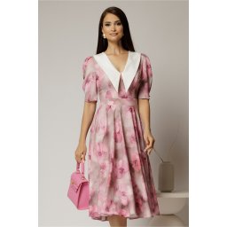 Rochie DY Fashion midi din triplu voal cu print roz si guler ascutit si nasturi la maneci