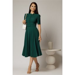 Rochie DY Fashion midi verde inchis in clos din triplu voal cu nasturi la bust si curea in talie