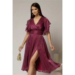 Rochie DY Fashion midi mov pruna cu manecile suprapuse si decolteu petrecut