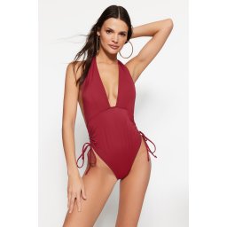 Costum de baie plisat Trendyol Burgundy Deep Decollete High Leg
