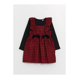 LC Waikiki Crew Neck Plaid Patterned Baby Girl Overalls Dress and T-Shirt 2-Pack