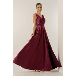 By Saygı Curele largi cu decolteu în V, talie căptușită cu mărgele, rochie largă din satin de seară