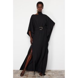 Trendyol Black A-Cut Belt Detailed Woven Long Elegant Evening Dress