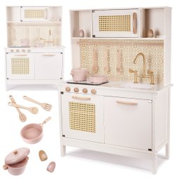 Bucatarie din lemn pentru copii cu accesorii, lumini si sunete, boho crem