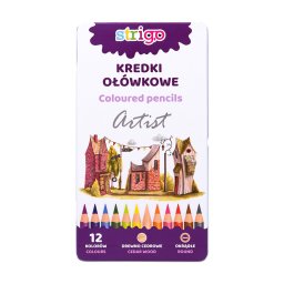 Creioane colorate Strigo, seria 'ARTIST', 12 culori, cutie metalica, lemn cedru SSC114