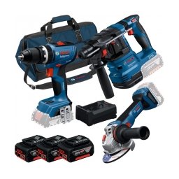 Bosch - GSB 18V-65 + GWS 18V-11 + GBH 18V-22 - Masina de gaurit si insurubat cu percutie, 65 Nm + Polizor unghiular, 125 mm + Rotopercutor SDS-Plus, 1.9 J + Set 3 acumulatori si incarcator, Li-Ion, 18 V, 5 Ah + Geanta textila
