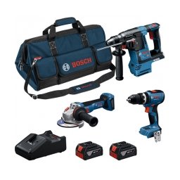 Bosch - GSB 18V-65 + GBH 18V-26 + GWS 18V-11 S - Masina de gaurit si insurubat cu percutie, 65 Nm + Rotopercutor SDS-Plus, 2.6 J + Polizor unghiular, 125 mm + Set 2 acumulatori si incarcator, Li-Ion, 18 V, 5 Ah + Geanta textila
