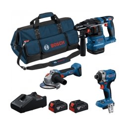 Bosch - GDR 18V-215 + GBH 18V-22 + GWS 18V-8 - Masina de insurubat cu impact, 215 Nm, M6-M16 +Rotopercutor SDS-Plus, 1.9 J + Polizor unghiular, 125 mm + Set 2 acumulatori si incarcator, Li-Ion, 18 V, 4 Ah + Geanta textila