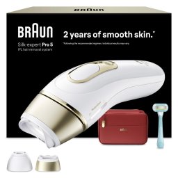 Epilator IPL Silk-expert PRO 5 Senzor automat & continuu Skin pro 2.0 400.000 impulsuri 10 niveluri de intensitate 125 de impulsuri pe minut 2 Capete de epilat Trusa de voiaj Aparat de ras Venus Alb/Auriu