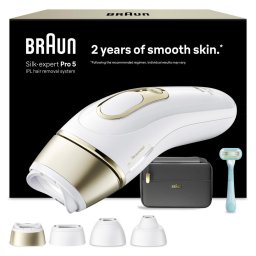 Epilator IPL Silk-expert PRO 5 Senzor automat & continuu Skin pro 2.0 400.000 impulsuri 10 niveluri de intensitate 125 de impulsuri pe minut 3 Capete de epilat Trusa de voiaj Aparat de ras Venus Alb/Auriu