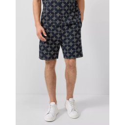 s.Oliver Pantaloni scurti barbati, cu talie medie, din bumbac, cu imprimeu, Resort fit, Detroit, Bleumarin inchis (SELECTATI MARIMEA: S)