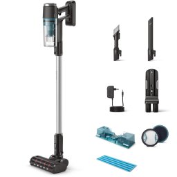 Aspirator vertical fara fir Philips XC3133/01 seria 3000, autonomie 60 min, motor digital, cap de aspirare cu led, sistem de filtrare in 3 etape, baterie detasabila de 25,2 volti, accesoriu spatii inguste, accesoriu 2in1, Gri