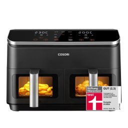 Friteza cu aer cald Cosori, 8 functii de gatire , 5L, 2 camere, 1750W, interior metalic, fereastra de vizualizare, Negru