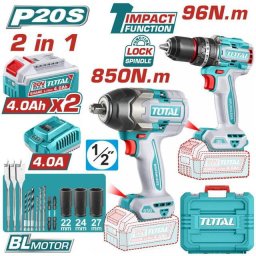 TOTAL - KIT COMBO 20V - MASINA DE GAURIT CU IMPACT, MASINA DE INSURUBAT CU IMPACT 1/2 (INCLUDE 2 ACU