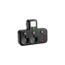 Priză multiplă LINEA 2Z cu întrerupător și iluminare LED, 2x SCHUKO + 3x USB-A/C, 4000K, negru