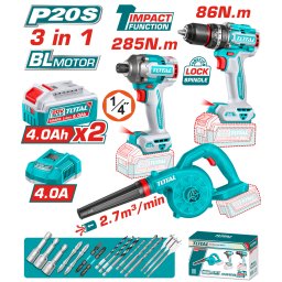 Kit combo TOTAL 20V 3 in 1 cu masina de gaurit, insurubat si suflanta