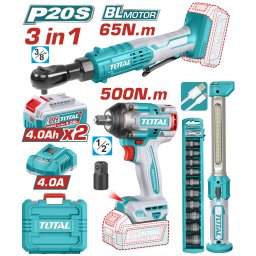 Kit combo TOTAL 20V cu masina de impact, cheie dreapta si lampa de lucru