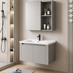 Set mobilier baie Tivoli 60 cm, 2 piese, oglinda LED, gri si alb