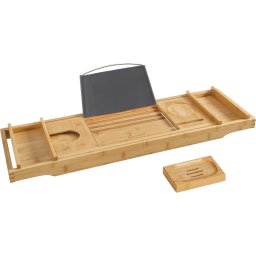 Tava extensibila pentru cada din bambus cu suport carte si pahar, natur