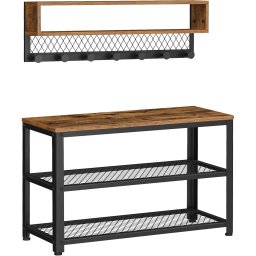 Cuier de hol VASAGLE 2 piese cu banca si suport pantofi, maro rustic