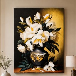 Tablou decorativ Canvas cu flori albe A n vaza, 50 x 70 cm , decor elegant pentru living, dormitor sau hol
