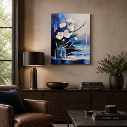 Tablou decorativ abstract cu flori albe E i accente albastre, 50 x 70 cm , cadou elegant pentru barbati