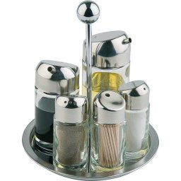 Oliviera inox 6 piese, suport rotativ- Ulei, Otet, Sare, Piper si Scobitori