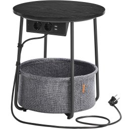 Masuta rotunda VASAGLE cu cos textil, 2 prize si 2 USB, 45x50 cm, neagra