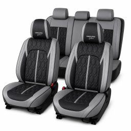 Huse auto premium 5 locuri Carguard Deluxe, piele ecologica perforata gri-negru