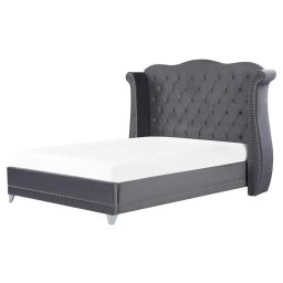 Produs Resigilat Pat matrimonial Re-Bloom Ayette, 160x200 cm, catifea/eucalipt/fier/pin/placaj, somiera 30 lamele arc, tablie 205x154 cm, 220 kg, gri - Verificat A