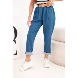 Pantaloni de damă cu tiv rulat și curea, blugi de culoare închisă