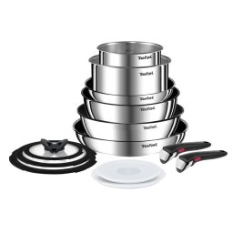 Tigai si seturi Set 13 piese Tefal Ingenio Emotion L897SD74, oala 16 / 20 cm, tigaie 22 / 24 / 28 cm, wok 26 cm, 2 manere detasabile, capace sticla 16 / 20 / 24 cm, capace ermetice 16 / 20 cm, invelis antiaderent, inductie, argintiu