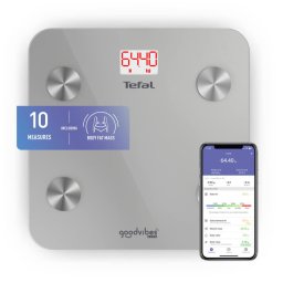 Cantar Cântar inteligent Tefal Goodvibes Life BM9600S1, 10 indicatori de măsurare, aplicație dedicată, greutate maximă 160 kg, sticlă tratată termic, argintiu