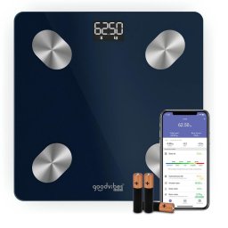 Cantar inteligent Goodvibes Life+ BM9720F0 15 indicatori de masurare greutate maxima 180 kg sincronizare cu aplicatia Google Fit Apple Health si/sau Fitbit sticla securizata tratata termic ecran LCD 3 baterii incluse Albastru