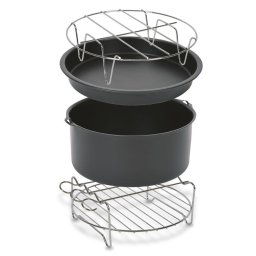 Set 4 accesorii Tefal XA113010, 20 cm, compatibile cu friteuzele Easy Fry XXL, tavă pentru pizza, vas pentru copt, grătar pentru friptură, suport pentru frigărui, inox și strat antiaderent, negru