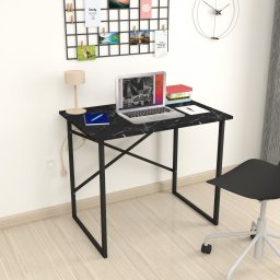 Birou Tjeldsund 90x60 cm cu aspect marmura neagra si cadru metalic
